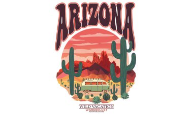 Arizona Çöl Macerası tişörtü için grafik baskı tasarımı. Arabayla çöl yolculuğu. Kaktüs vektör tasarımı. Çölde gün batımı zamanı.