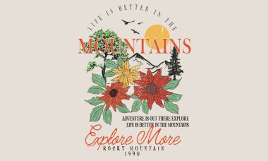 Mountain with flower graphic print design. Hill drawing art for apparel, sticker, batch, background, poster and others. Mountain adventure design. clipart