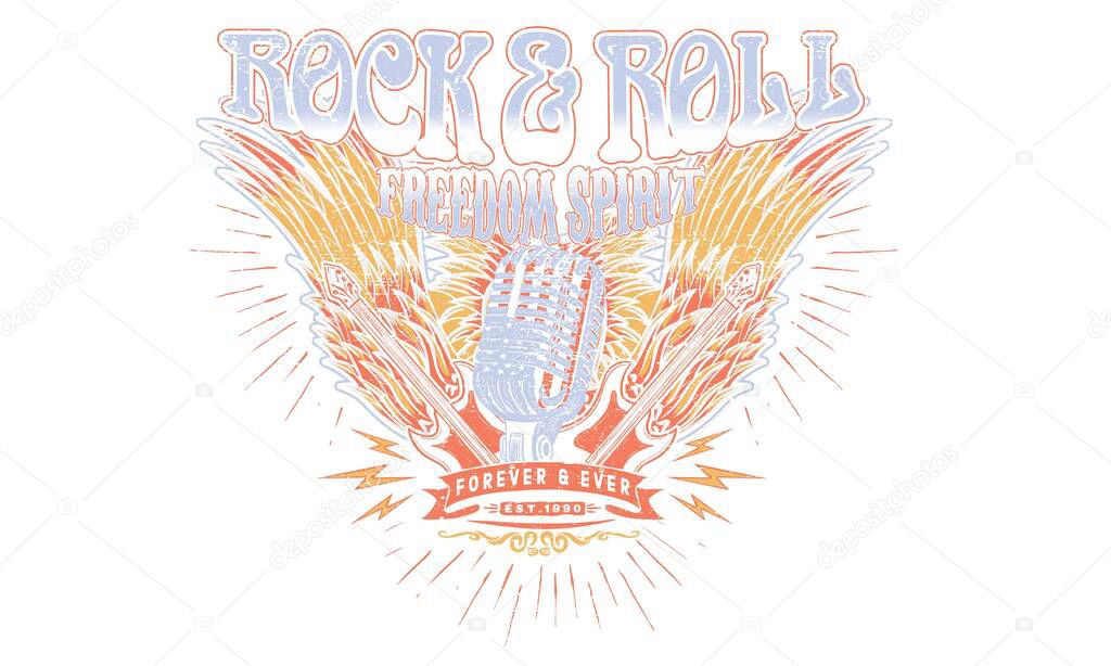America eagle rock and roll poster design. Music festival artwork. Eagle wing vector t-shirt design. Freedom music tour. Free spirit vintage artwork.