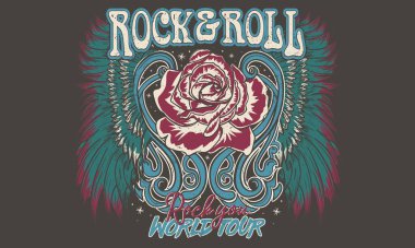 Eagle vintage vector t shirt design. Rock and roll with wing logo artwork for apparel and others. Rose music poster design.