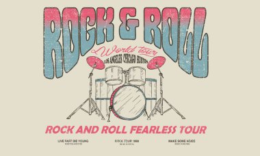 Music world tour. Drum vintage vector t shirt design. Rock and roll with wing logo artwork for apparel and others. Music drum poster design.