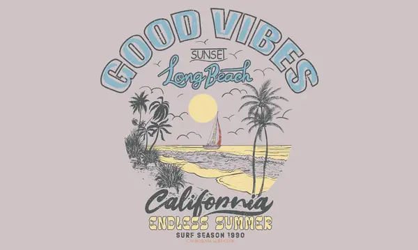 Good vibe long beach. Sunshine beach club graphic print design for t shirt print, poster, sticker and other uses. California long beach. Sunny day at the beach. Ocean wave. Palm tree print artwork.