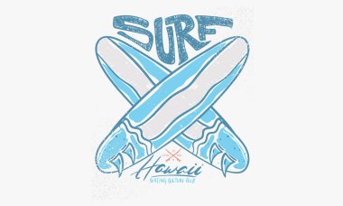 Hawaii surfing club vintage print design. Surf board artwork  for t shirt print, poster, sticker, background, men, women, kids and other uses. Surfing board hand sketch artwork. Summer vibes vector. 