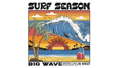 Surfing culture club print design. Sunshine tropical beach artwork. Palm beach vibes artwork. Big wave print design for t shirt print, sticker, background and other uses. Happiness comes in wave. clipart