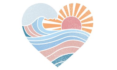Dalga aşk kulübü baskı tasarımı. Sunshine Beach sanat eserleri. Plaj titreşimleri sanat eseri. Tişört izi, etiket, arkaplan ve diğer kullanım alanları için büyük dalga izi tasarımı. 