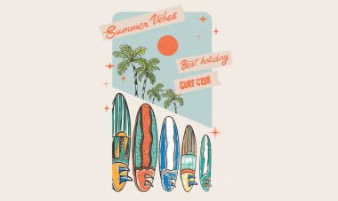 Sörf tahtası. Yaz soyut sanatı. Güneş ışığı cenneti grafik baskı tasarımı. Tropikal titreşimler moda ve diğerleri için tasarlandı. Yaz sloganı tişörtü. Sörf kulübü tasarımı. En iyi tatil. Yaz oturumu. 