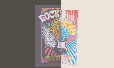 Rock star vintage artwork. Eagle music poster design. Bird wing with rose flower vintage artwork for apparel, stickers, posters, background and others. Rock world tour artwork.  clipart