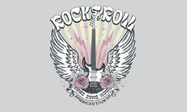 Giysiler, çıkartmalar, posterler, arka plan ve diğerleri için gül çiçekli klasik sanat eserine sahip kuş kanadı. Rock dünyası turnesi sanat eserleri. Rock yıldızı sanat eseri. Kartal müzik poster tasarımı.