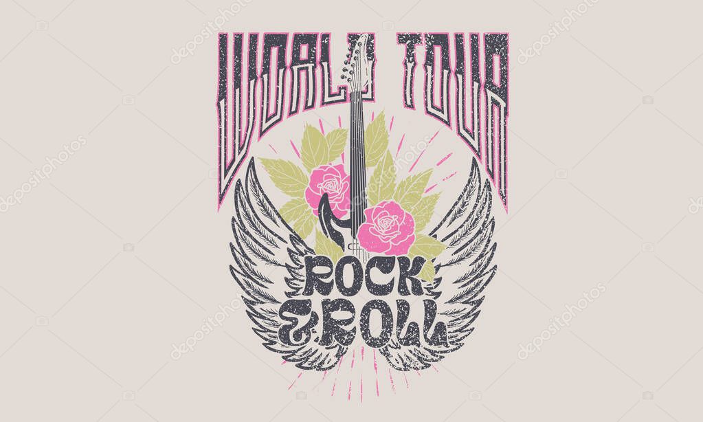 Rock star vintage artwork. Eagle music poster design. Bird wing with rose flower vintage artwork for apparel, stickers, posters, background and others. Rock world tour artwork.