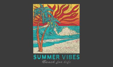 Okyanus dalgası. Güneş ışığı cenneti grafik baskı tasarımı. Tropik ada sanatı. Plaj el çizimi. Yaz sloganı tişörtü. Sörf kulübü tasarımı. Yaz soyut sanatı.