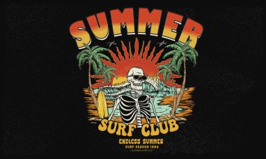 Sörf iskeletleri el çizimi. Yaz sloganı tişörtü. Sörf kulübü tasarımı. Plaj dalgası çizimleri. Sörf tahtası. Yaz soyut sanatı. Güneş ışığı cenneti grafik baskı tasarımı. Moda ve diğerleri için tropik ada sanatı.