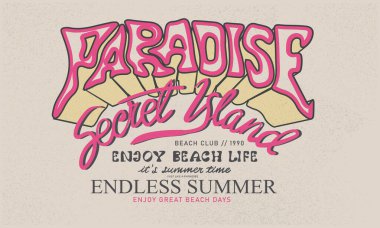 Tişört izi, poster, çıkartma ve diğer kullanım alanları için Sunshine Beach Club grafik baskı tasarımı. Kumsalda güneşli bir gün. Okyanus dalgası. Palmiye ağacı tasarımı. Gizli ada.