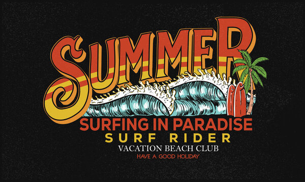 Работа в летнем клубе серфинга. Дизайн пляжной футболки. Произведения типографии пляжных слоганов.