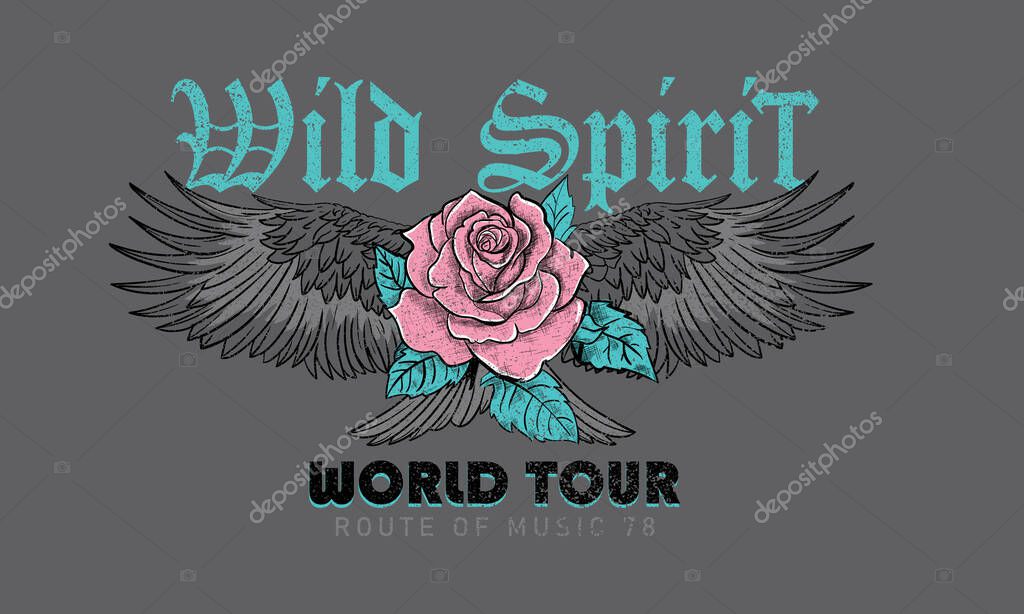Rose power. Rock and roll vector graphic print design for apparel, stickers, posters, background and others. Wild spirit. Music artwork. Eagle wing. World music tour poster.