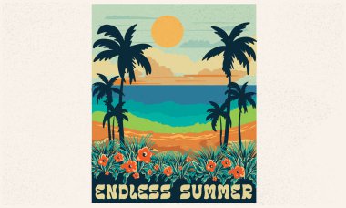 Tropik cennet. Plaj cenneti sanat eserleri. Palm Beach Kulübü. Her zaman güneş ışığı. Giysi, çıkartma, poster, arkaplan ve diğerleri için güneş vektör grafik tasarımı. Sörf kulübü vektör tasarımı.