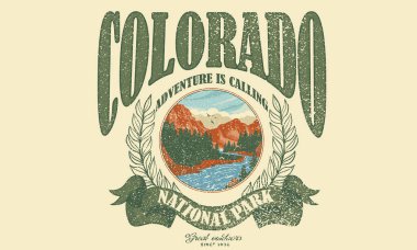 Colorado national park. Adventure at the mountain graphic artwork for t shirt and others. Mountain with tree vintage print design. Mountain with sunset and river. Life is great. clipart