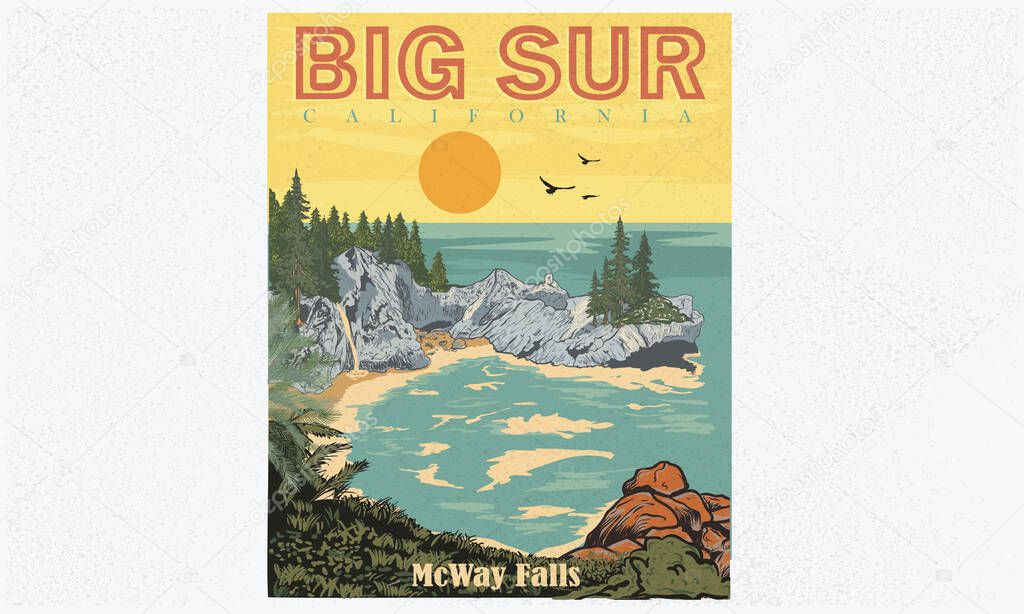 Big sur artwork. Adventure at the mountain graphic artwork for t shirt and others. Beach with hill artwork. Mountain with tree vintage print design. McWay Falls waterfall in california.