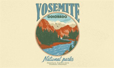Yosemite Ulusal Park Sanat Eserleri. Dağ macerası tişört için klasik baskı tasarımı. Vahşi göl vektör çizimi. Biraz daha araştır..