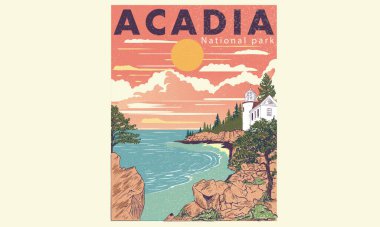 Okyanus grafik tasarımı. Acadia Ulusal Park Grafik Baskı Tişört Tasarımı. Acadia vintage sanat eseri. Gizli evi olan dağ.