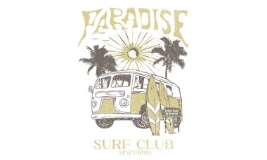 Tişört izi, poster, çıkartma ve diğer kullanım alanları için plaj gezisi tasarımı. Palmiye ağacı eski baskı sanat eserleri. Long beach. Yaz titreşimleri. Plaj otobüsü resimleri..