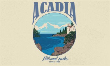 Acadia Ulusal Park Grafik Baskı Tişört Tasarımı. Acadia vintage sanat eseri. Gizli evi olan bir dağ. Okyanus grafik izi tasarımı.