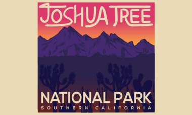 Joshua Tree Tişört, poster, çıkartma ve diğerleri için grafik baskı tasarımı. Kaktüslü çöl vahşi vektör sanat tasarımı. Güney Kaliforniya Ulusal Parkı.