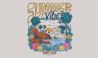 Tropik ada sanat eserleri. Yaz sloganı vektör tasarımı. Sörf kulübü sanat eserleri. Tropik çiçek. Plaj sörfü kulübü vektör tasarımı. Bitmek bilmeyen grafik baskı tasarımı.