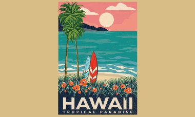 Tropik çiçek sanatı. Hawaii Sörf Kulübü Tişört Tasarımı. Palmiye ağacı tasarımı, Sörf Cenneti sanat çalışması. Yaz sloganı:.