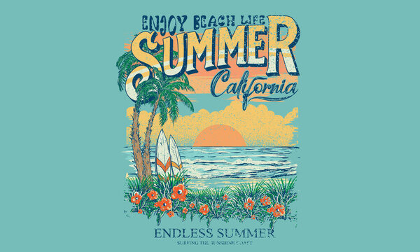 Тропический цветок. Футболка с летним слоганом. Дизайн клуба серфинга. Искусство пляжной волны. Серфинг. Летнее абстрактное искусство. Солнечный рай графический дизайн печати. Искусство острова для моды и другие. 