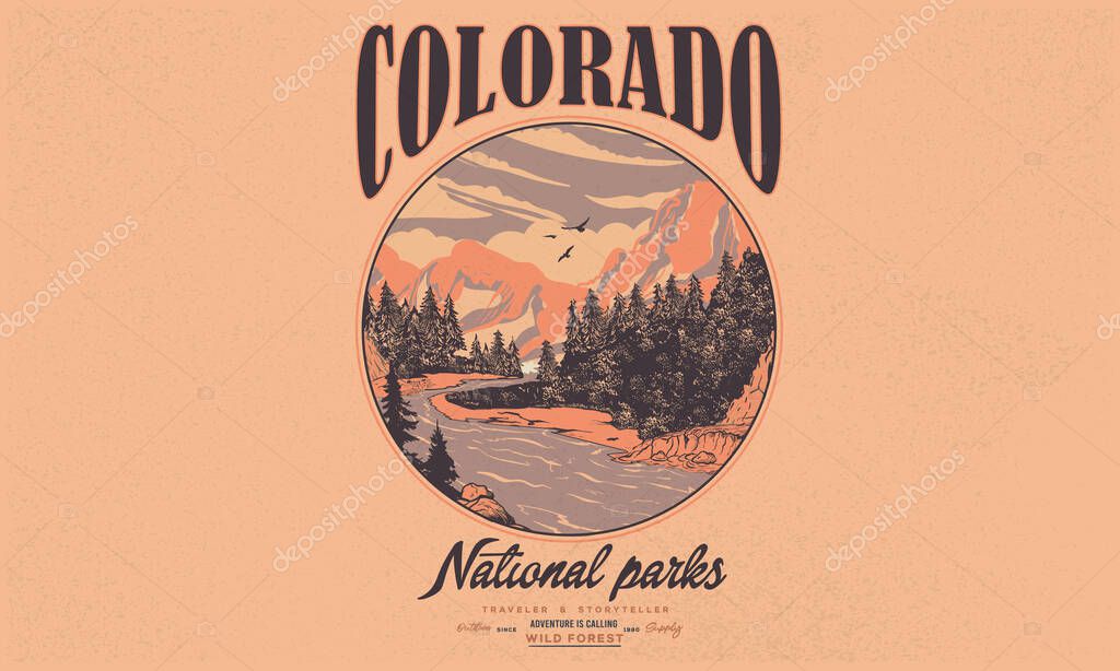Colorado national park artwork. Mountain adventure vintage print design for t shirt. Wild lake vector artwork design.