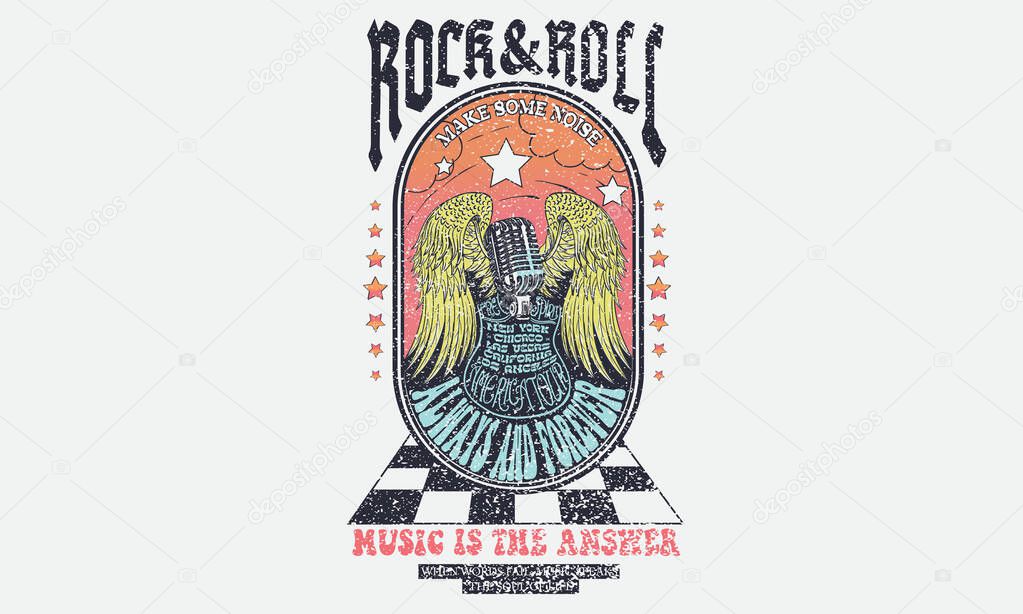 Eagle wing vector t-shirt design. Freedom music tour. Free spirit vintage artwork. Music festival artwork.