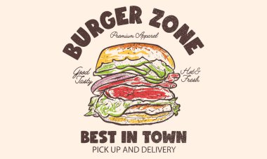 Tişört için hamburger suyu rengi tasarımı. Tasarım tişörtü, poster, tatil kartı, broşürler, menü kafe için el çizimi hamburger. Çıtır çıtır ve lezzetli fast food sanat eserleri.