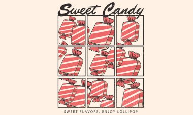 Tişört için tatlı şeker tasarımı. Tasarım tişörtü, poster, tatil kartı, broşür, menü kafe, pizza için el yapımı şekerler. Şeker parçası, çocuk için tatlı şeker çizimi, kız, erkek.