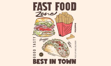 Çıtır çıtır ve lezzetli fast food sanat eserleri. Restoran menüsü hazır. Hafta sonu havası. Fast food tasarımı. Barger, pizza, taco, çörek ve sos tasarımı t-shirt baskısı, poster, çıkartma, arka plan ve diğer kullanımlar için..