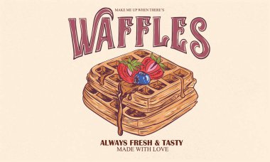 Çilek ve yaban mersini tişörtü. Waffle 'ın el çizimi. Lezzetli waffle tişörtü tasarımı. Yemek sloganı. Taze ve lezzetli yiyecekler. Klasik yemek sanatı. El çizimi harf tasarımı. 