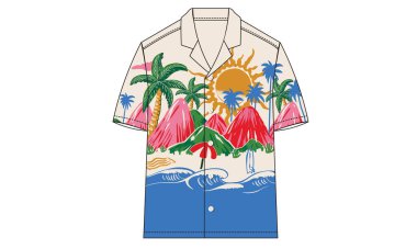Kısa kollu tatil köyü gömleği tasarımı. Tropikal gömlek model şablonu çiziyor. Moda için plaj soyut sanatı. Sörf sanatıyla büyük bir dalga. Dağ retro tasarımı. Moda için tropik ada tasarımı.