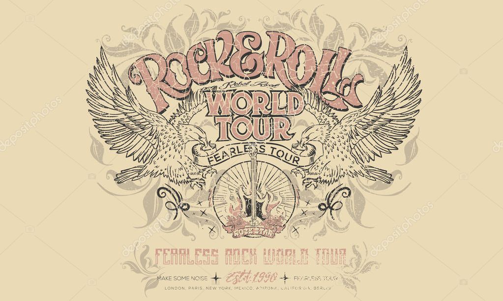 Make some noise. music world tour logo. Rock and roll graphic print design for apparel, stickers, posters and background. Eagle fly vector artwork design for t-shirt and others.