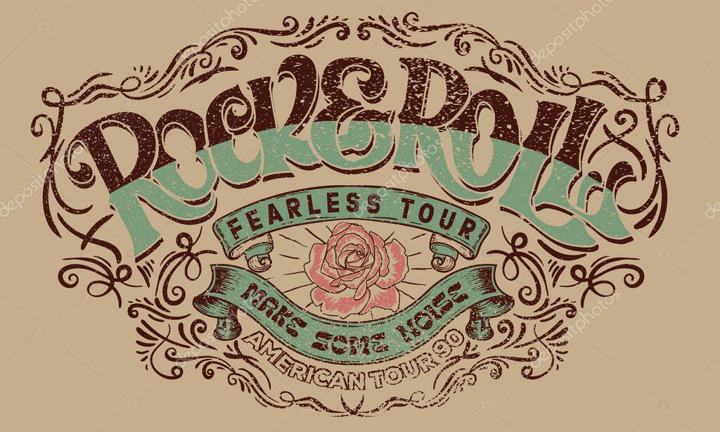 Rose flower vector artwork design for t-shirt and others. Rock and roll graphic print design for apparel, stickers, posters and background. Fearless music tour. Make some noise.