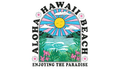 Hawaii plajında sörf. Güneş ışığı cenneti grafik baskı tasarımı. Plaj hayatının tadını çıkar. Yaz titreşimleri sanat eseri. Sörf kulübü tasarımı. Plaj dalgası çizimleri. Hawaii Aloha plajı modern soyut sanat. Tropik çiçek.