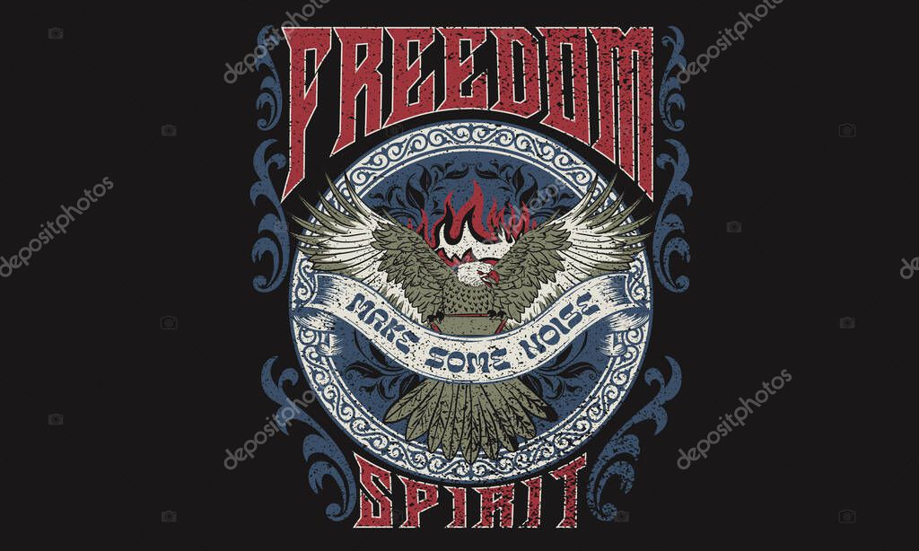 Freedom spirit. Make some noise. music world tour logo. Rock and roll graphic print design for apparel, stickers, posters and background. Eagle fly vector artwork design for t-shirt and others.