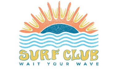 Sunshine Surf Kulübü 'nün sanat eserleri. Plaj hayatının tadını çıkar. Yaz titreşimleri sanat eseri. Sörf kulübü tasarımı. Büyük dalga çizimleri. 