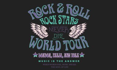 Müzik dünyası tur logosu. Rock yıldızı asla ölmez. Biraz gürültü yapın. Giyim, çıkartma, poster ve arkaplan için Rock and Roll grafik baskı tasarımı.