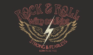 Rock yıldızı asla ölmez. Vahşi sesler. Giyim, çıkartma, poster ve arkaplan için Rock and Roll grafik baskı tasarımı. Kartal sineği çizimi gömlek ve diğerleri için. 