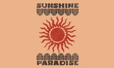 Güneş ışığı cenneti, tişört baskısı tasarımı. Güneş mahsulü sanat eseri. Kabile motif deseni tasarımı.