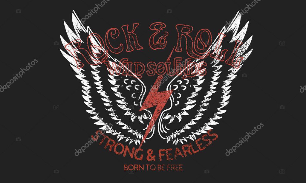 Rock and roll graphic print design for apparel, stickers, posters and background. Eagle fly vector artwork design for shirt and others.