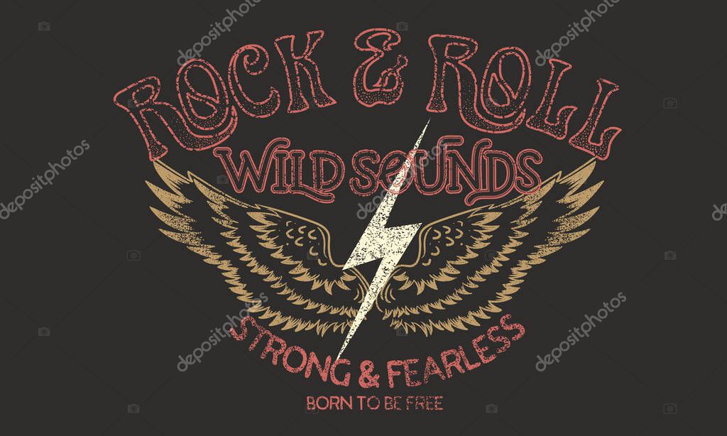 Rock star never die. Wild sounds. Rock and roll graphic print design for apparel, stickers, posters and background. Eagle fly vector artwork design for shirt and others.