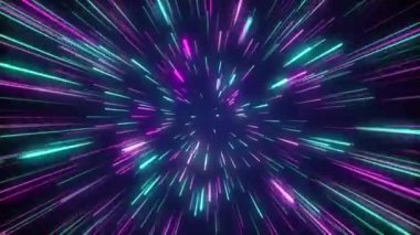 Çok renkli yıldızların soyut arkaplan tüneli. Neon ışık tayfı. Karanlıkta parıldayan çizgiler. 4K 60fps