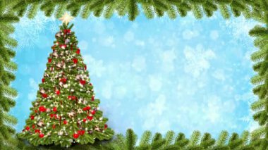 Karlı, kar taneli ve yıldızlı Noel ağacı