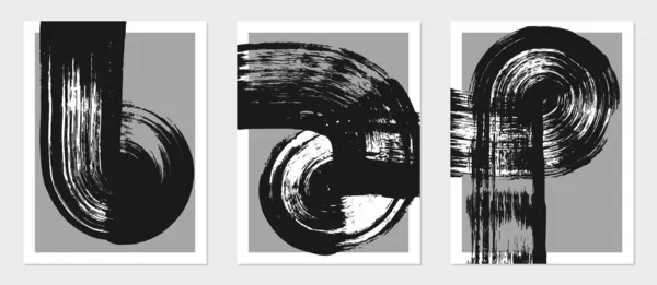 Ensemble Milieux Abstraits Encre Noire Coups Pinceau Artistique Motifs Affiches — Image vectorielle
