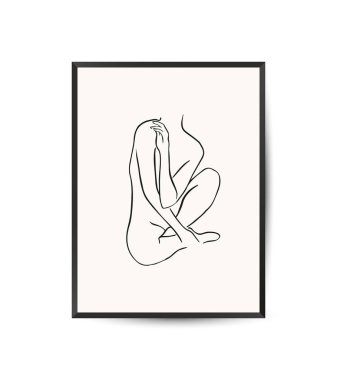 Kadın silueti olan vektör modern sanat posteri. Estetik minimalist tarzda. El çizimi vektör illüstrasyonu.